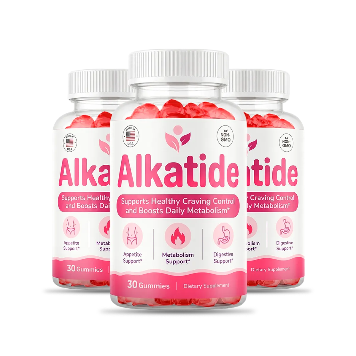 AlkaTide gummies in three bottles, showing the appetite, metabolism and digestive-support label
