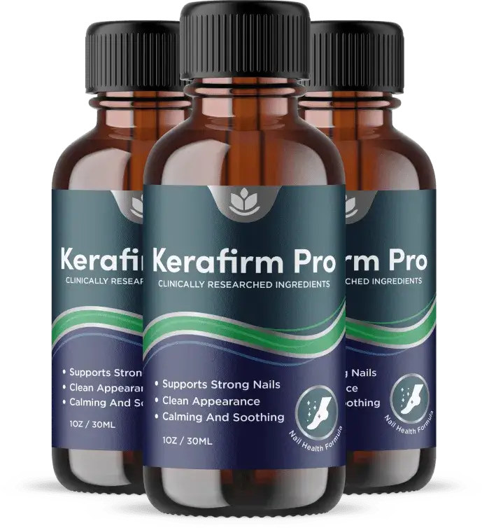 Three Kerafirm Pro topical nail-care bottles with 1 oz / 30 mL labels